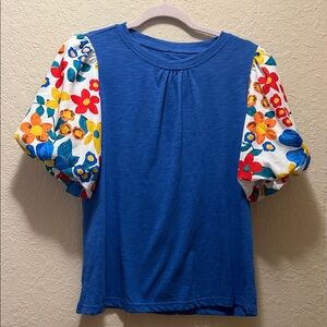 Blue Puff Sleeve Floral Print Women’s Top